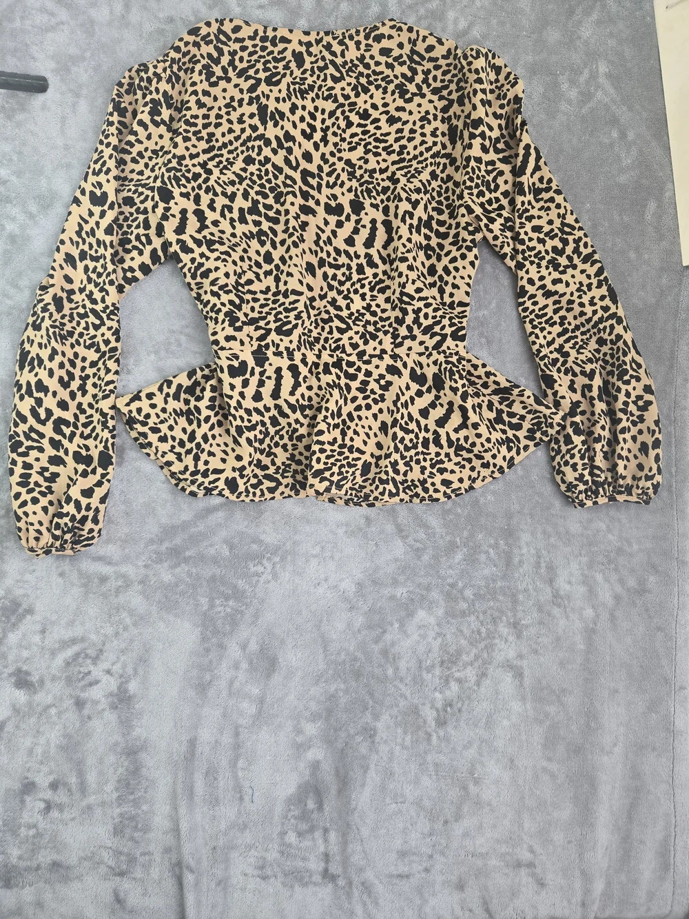 ASTR Tan and Black Leopard-Print Peplum Blouse